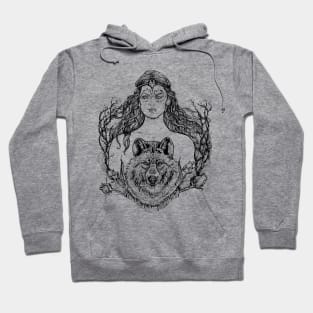 Woman with Wolf - Black and White Drawing Hoodie